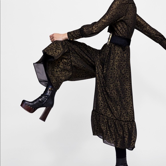 Zara Leopard Print Jumpsuit Ruffled Hem Bow Golden - Picture 4 of 8